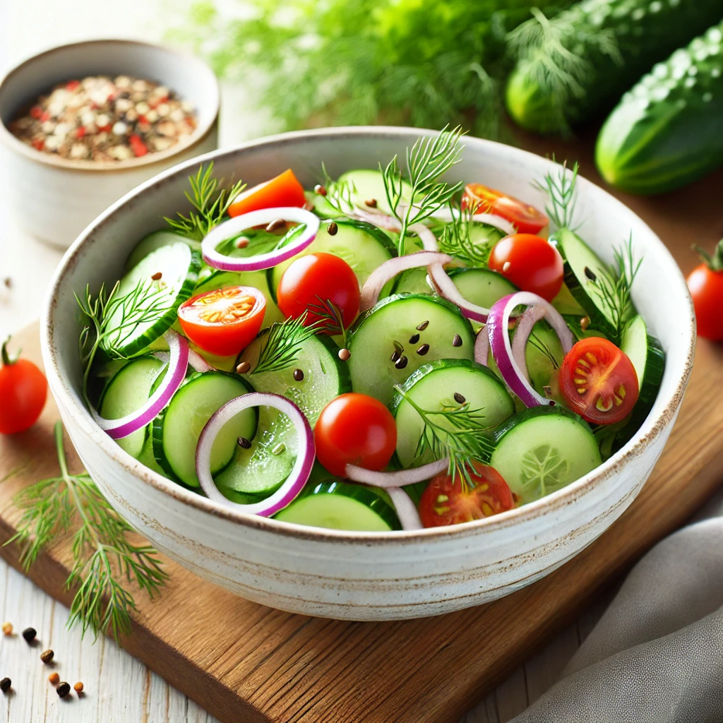 A bowl of refreshing cucumber salad with sliced cucumbers, fresh herbs, and a tangy dressing.